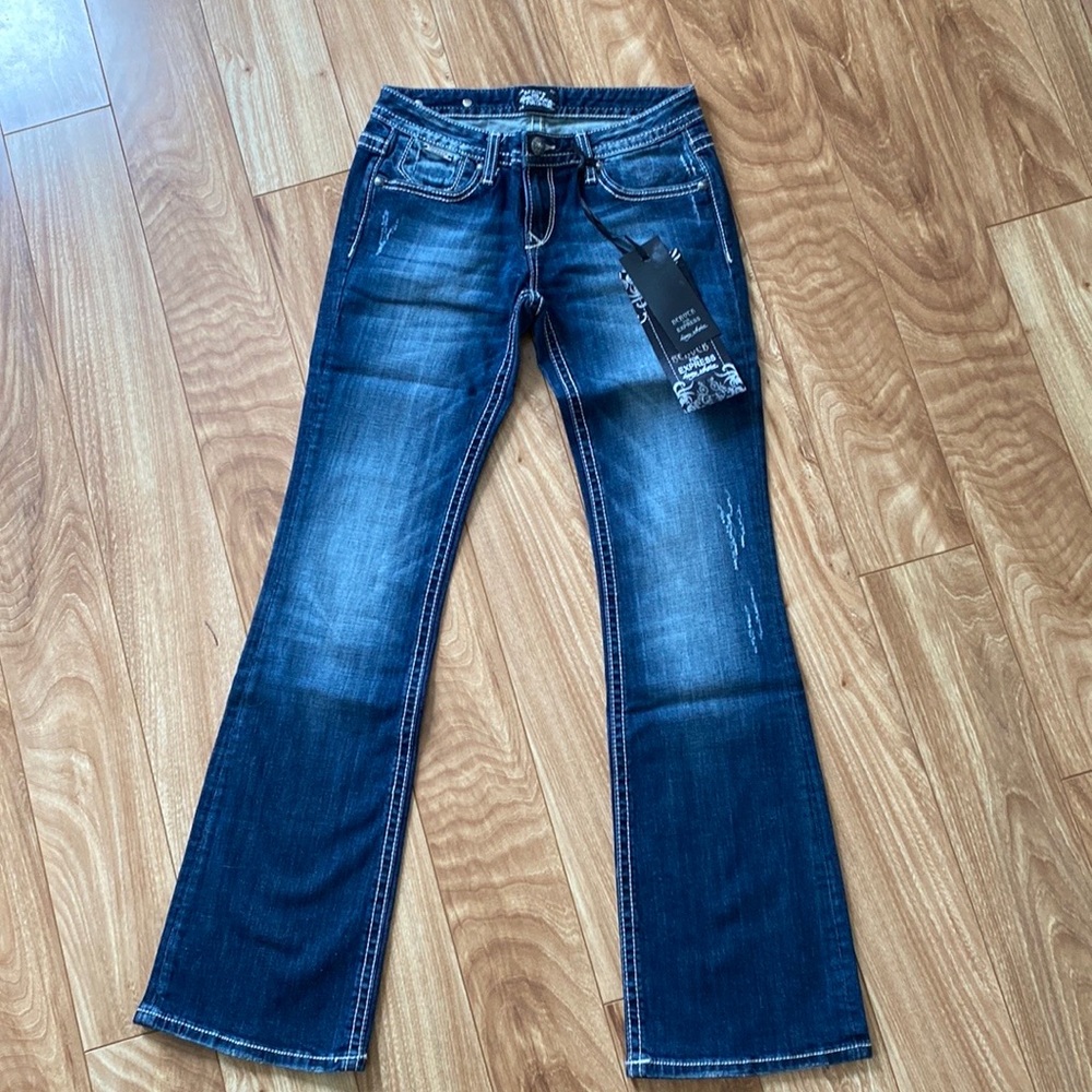 Re Rock for Express bootcut jeans, dark wash with contrast stitching